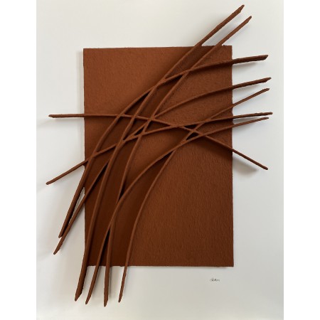 Wall sculpture painting in brick-colored paper and wood by the visual artist René Galassi