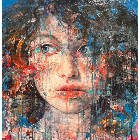 Portretschilderij van een jong meisje met zijdelingse blik van de expressionistische schilder Michelino Iorizzo