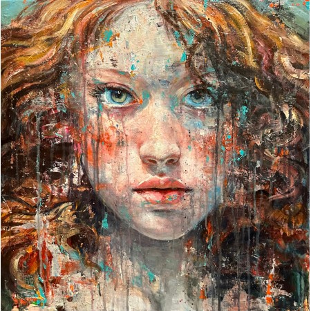 Peinture de portrait d'une jeune fille rousse au regard profond par l'artiste peintre expressionniste Michelino Iorizzo