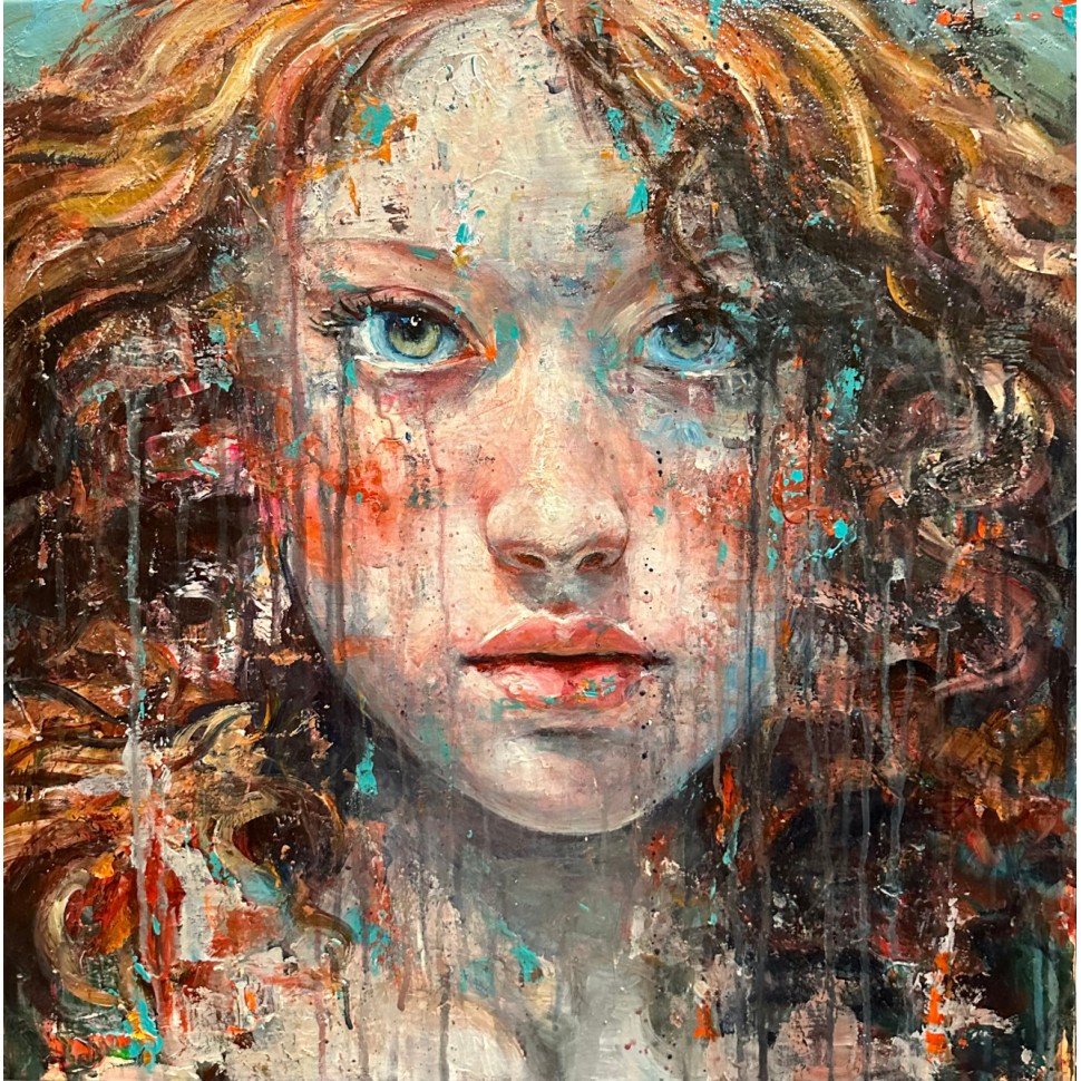 Portretschilderij van een jong roodharig meisje met diepe blik door de expressionistische schilder Michelino Iorizzo