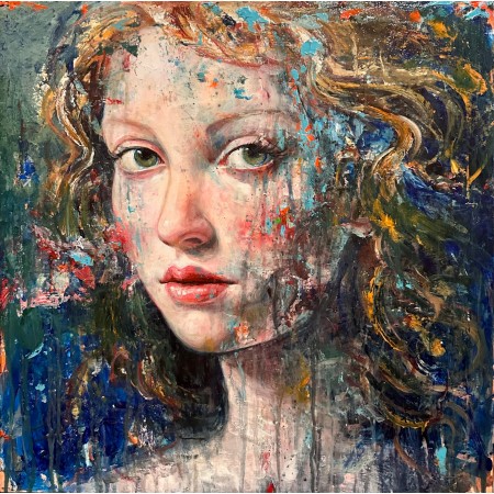 Peinture de portrait d'une jeune fille de trois-quart au beau regard par l'artiste peintre expressionniste Michelino Iorizzo