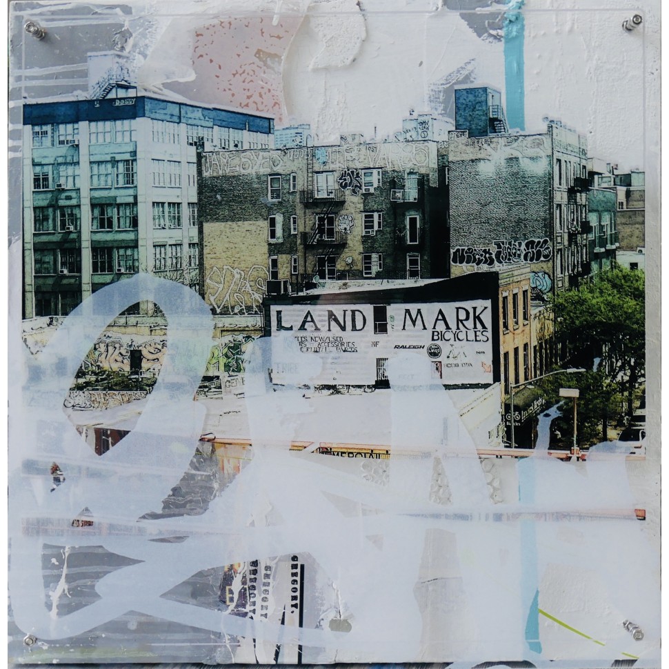 Pittura mista e collage su tela e plexiglass del pittore di arte urbana Grégory Watin