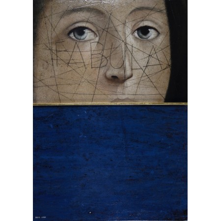 Komposition mit Gesicht und blauer abstrakter Volltonfarbe des zeitgenössischen Malers Daniel Airam