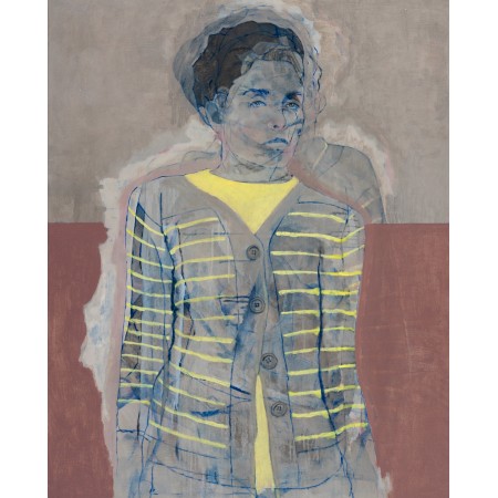 Painting on canvas of the portrait of a woman in a yellow striped vest by the painter Andre Lundquist