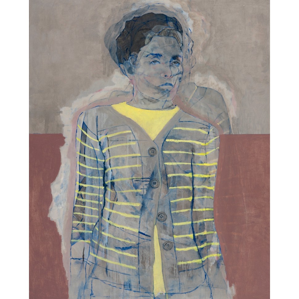 Painting on canvas of the portrait of a woman in a yellow striped vest by the painter Andre Lundquist