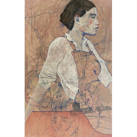 Schilderij op doek van een portret van een vrouw in overall door schilder Andre Lundquist