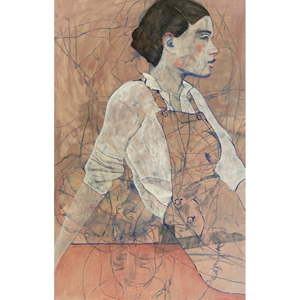 Schilderij op doek van een portret van een vrouw in overall door schilder Andre Lundquist