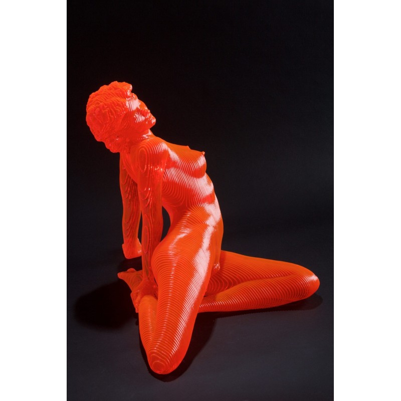 Martina, œuvre d’Olivier Duhamel, acrylique orange révélant la grâce d’une femme en yoga, entre équilibre et fluidité.