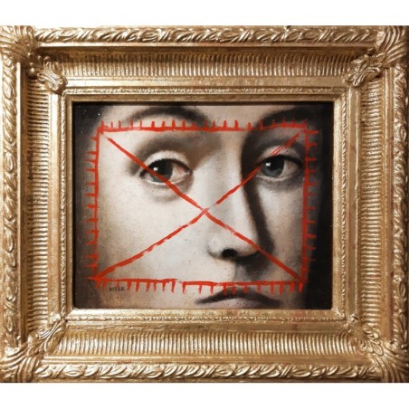 Peinture sur bois du portrait en gros plan d'un homme au regard par l'artiste peintre Daniel Airam