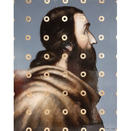 Peinture dans le style de l'art flamand ancien d'un homme religieux de profil par l'artiste peintre Daniel Airam