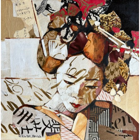 Portrait ocre et rouge de geisha en peinture à l'huile et collages par l'artiste peintre collagiste Carme Magem