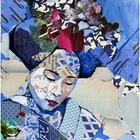 Portrait bleu de geisha en peinture à l'huile et collages par l'artiste peintre collagiste Carme Magem