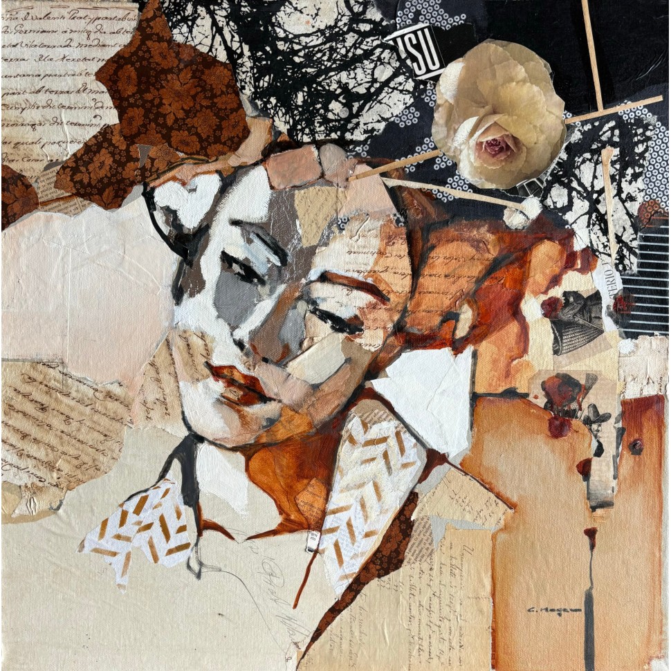 Portrait ocre de geisha en peinture à l'huile et collages par l'artiste peintre collagiste Carme Magem