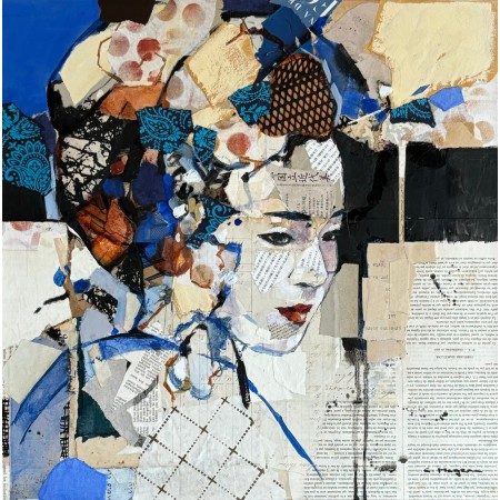 Portrait bleu et rouge de geisha en peinture à l'huile et collages par l'artiste peintre collagiste Carme Magem