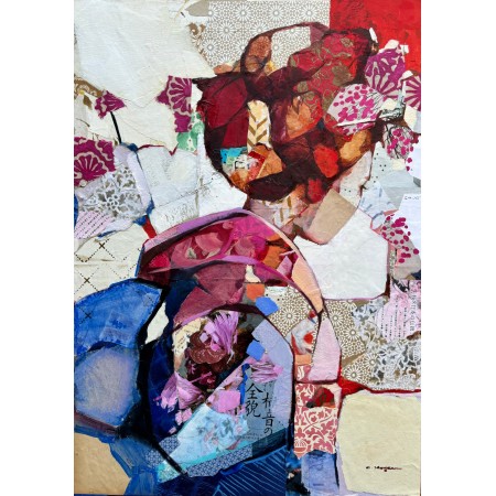 Portrait bleu et rouge de geisha vue de dos en peinture à l'huile et collages par l'artiste peintre collagiste Carme Magem