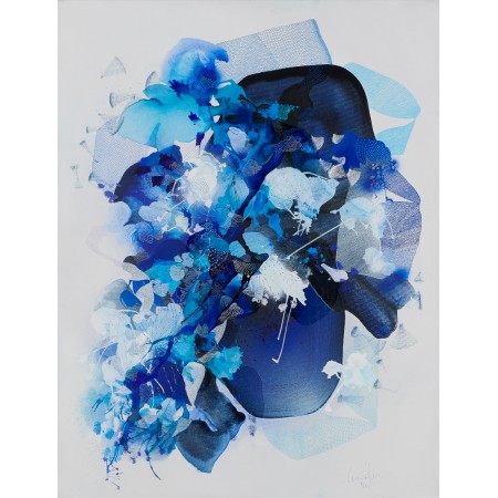 peinture sur toile bleue abstraite avec formes et motifs organiques par l'artiste peintre coloriste Damien Demaiter