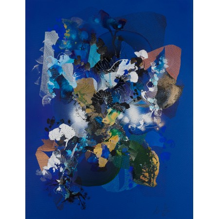 peinture sur toile bleue et brune abstraite avec formes et motifs organiques par l'artiste peintre coloriste Damien Demaiter
