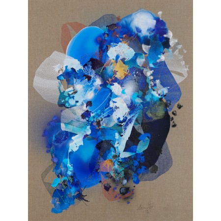 peinture sur toile bleue et ocre abstraite avec formes et motifs organiques par l'artiste peintre coloriste Damien Demaiter