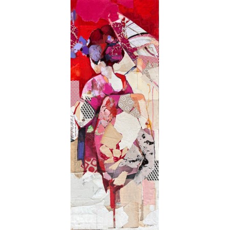 Collages et peinture à l'huile sur toile d'une geisha rouge avec ombrelle par l'artiste peintre collagiste Carme Magem