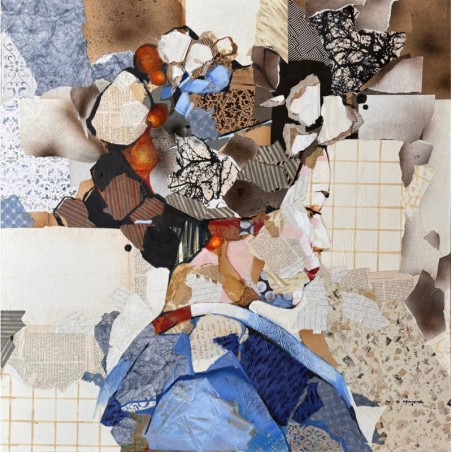 Collages et peinture à l'huile sur toile d'une geisha bleue de profil par l'artiste peintre collagiste Carme Magem