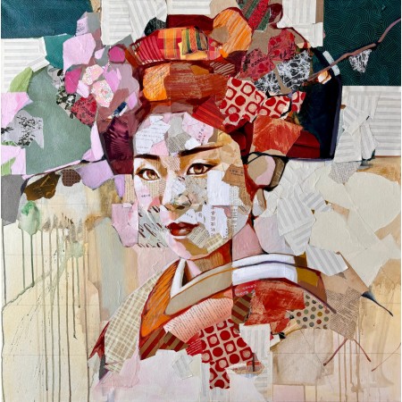 Collages et peinture à l'huile sur toile d'une geisha rouge et orange de face par l'artiste peintre collagiste Carme Magem