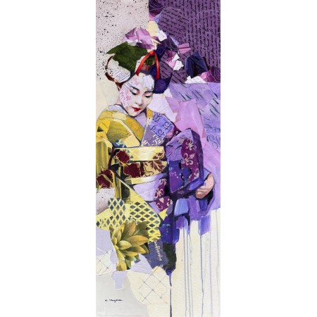 Collages et peinture à l'huile sur toile d'une geisha mauve rose et violette par l'artiste peintre collagiste Carme Magem