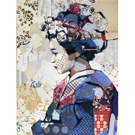 Collages et peinture à l'huile sur toile d'une geisha de profil bleue et rouge par l'artiste peintre collagiste Carme Magem