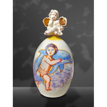 Vase balise en céramique double cuisson avec dauphins et enfant par l'artiste peintre céramiste Elia Pagliarino