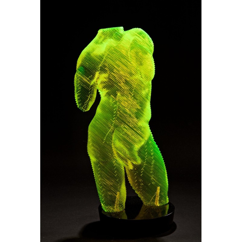 Buste d’homme, œuvre d’Olivier Duhamel en acrylique jaune aux reflets vibrants et verts, capturant l’énergie du corps.