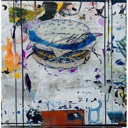 Tableau mix-media de hamburger d'art urbain, peinture et collages sur altuglas et bois par l'artiste plasticien Grégory Watin