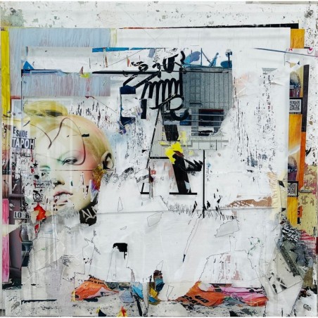 Tableau mix-media visage d'art urbain, peinture et collages sur altuglas et bois par l'artiste plasticien Grégory Watin