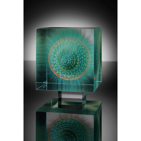 Sculpture de cube en verre contemporain vert par l'artiste verrier Wilfried Grootens