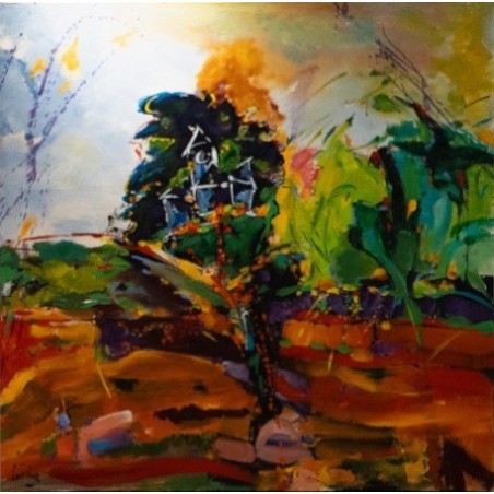 Peinture de paysage de la Croix-Valmer ocre rouille et vert par l'artiste peintre Bernard Cadène