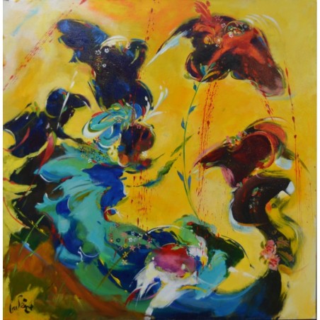 Peinture abstraite de jardin jaune ocre et rouge par l'artiste peintre Bernard Cadène