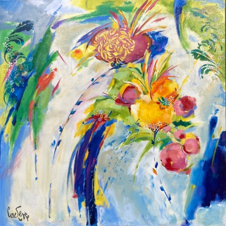 Peinture semi-abstraite de jardin en fleurs jaune rose orange et vert par l'artiste peintre Bernard Cadène