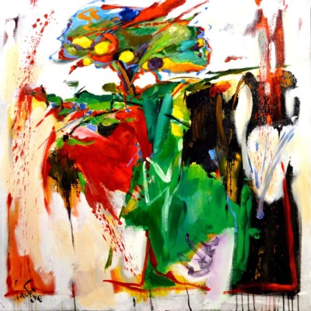 Peinture de paysage abstrait rouge et vert par l'artiste peintre coloriste expressionniste Bernard Cadène