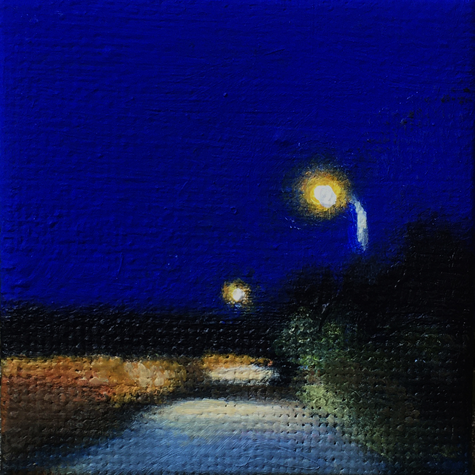 Peinture acrylique sur toile d'une rue la nuit en ambiance nocturne par l'artiste peintre Laëtitia Giraud