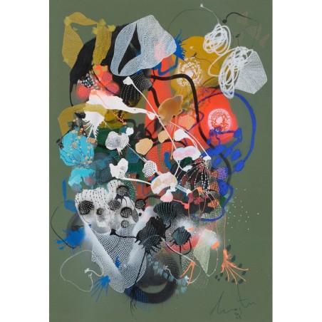 Peinture abstraite en acrylique sur toile, d'art organique, avec un fond vert, réalisée par l'artiste peintre Damien Demaiter.