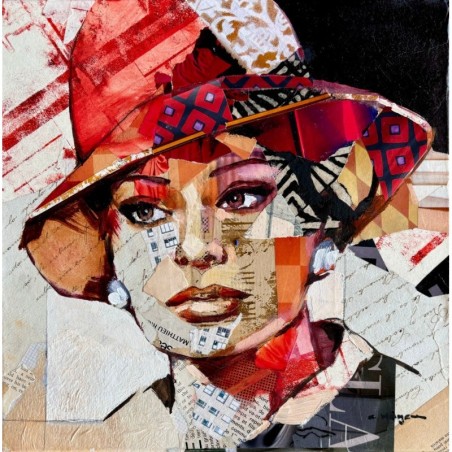 Sofia peinture de portrait en collages et huile sur toile de Sophia Loren par l'artiste peintre Carme Magem