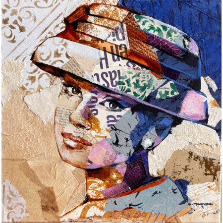 peinture de portrait en collages et huile sur toile d'Audrey Hepburn par l'artiste peintre Carme Magem