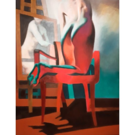 peinture acrylique d'un nu féminin de dos dans une lumière rouge fluo et verte par l'artiste peintre Laëtitia Giraud