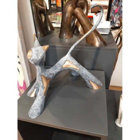 Sculpture de chat en bronze patiné blue et doré par l'artiste sculpteur Lolek