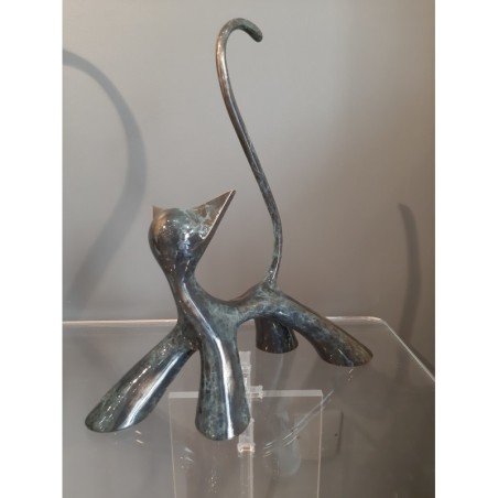 Sculpture de chaton en bronze brossé brillant aux reflets bleu brun gris par l'artiste sculpteur Lolek