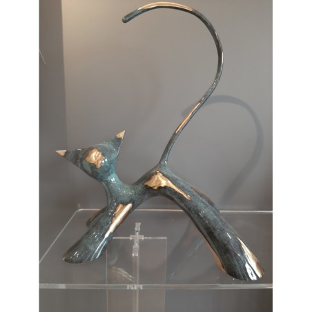 Sculpture de chat en bronze brosé brillant vert et doré par l'artiste sculpteur Lolek