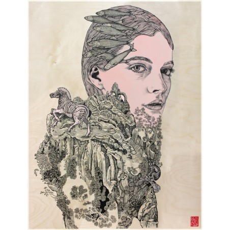 Gaïa peinture acrylique sur bois d'un visage de femme onirique par l'artiste graphiste Elia Pagliarino