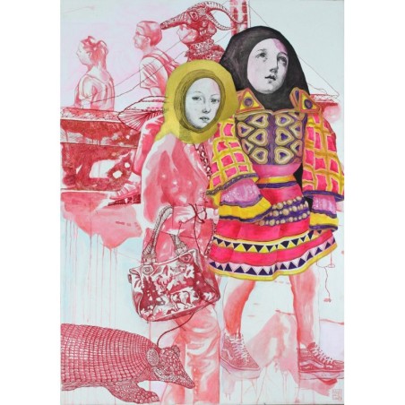 Tableau de peinture et broderie sur papier collé sur toile par l'artiste peintre ElIa Pagliarino