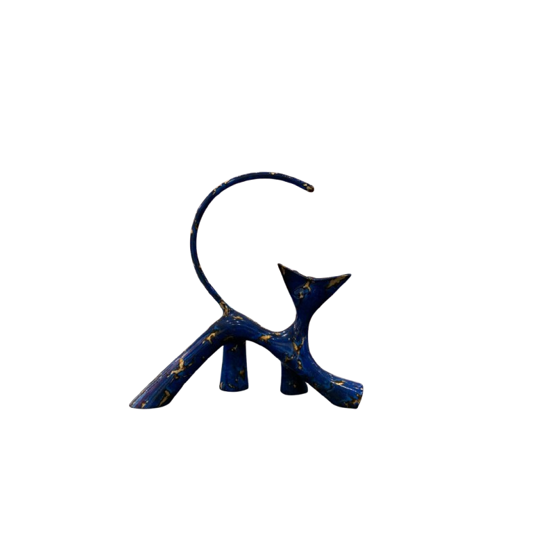 Sculpture de chat en bronze peint bleu et or vernis brillant par l'artiste sculpteur Lolek