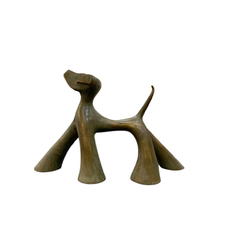 Sculpture de chien en bronze vert jaune antique par l'artiste sculpteur Lolek