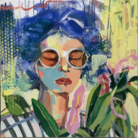 Peinture acrylique de portrait féminin avec fleurs par l'artiste peintre Golnaz Afraz