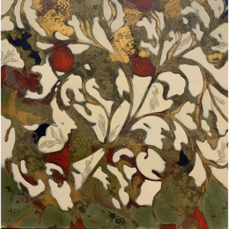 tableau vert rouge et doré sur fond jaune par l'artiste Pasca Honoré